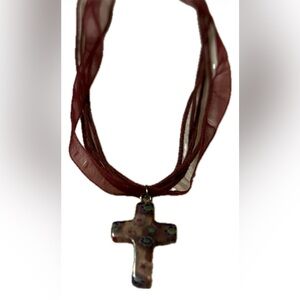 Multi-Strand Burgundy Ribbon Necklace with Floral Cross Pendant 18 inches